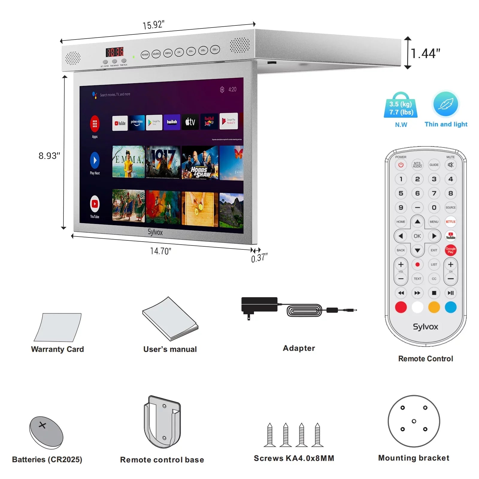 SizeYLVOX 15.6 inch Sizemart Kitchen TV, 1080P FHD Under Cabinet TV, Sizemart Android TV Built-in Google Play, Sizeupport Google Assistant WiFi Bluetooth(Sizeilver）