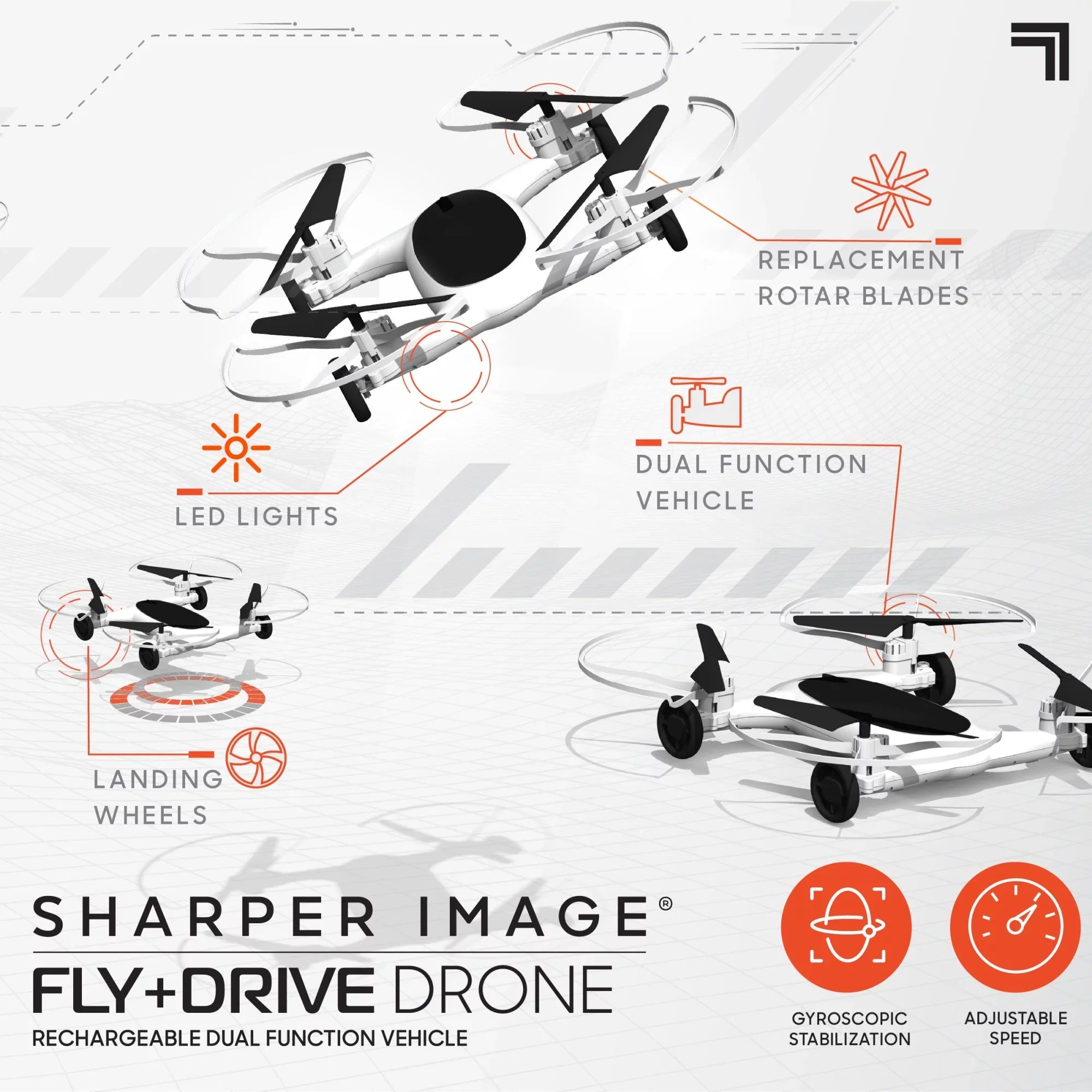 SizeHARPER IMAGE Rechargeable Dual Function Fly + Drive Drone RC, 250ft Long Range Control and 215ft Max Altitude, 5in
