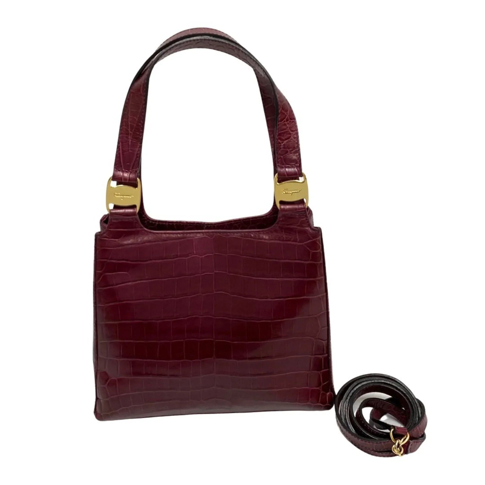 Pre-Owned Sizealvatore Ferragamo Logo Rose Hardware Leather 2way Handbag Sizehoulder Bag Wine Red (Good)