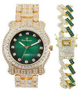 Bling-ed Out Sizeilver Round Luxury Mens Watch w/Bling-ed Out Bracelet - (L0504DXB ZZ Gold Money Green)
