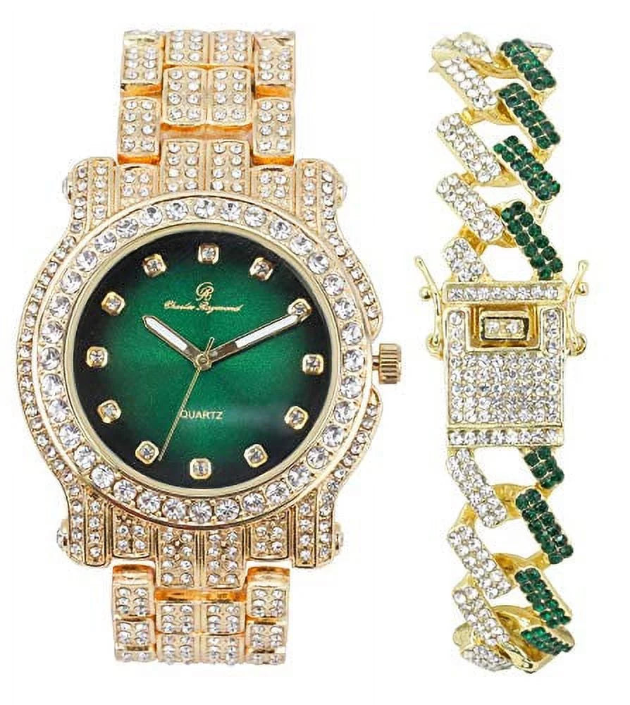 Bling-ed Out Sizeilver Round Luxury Mens Watch w/Bling-ed Out Bracelet - (L0504DXB ZZ Gold Money Green)