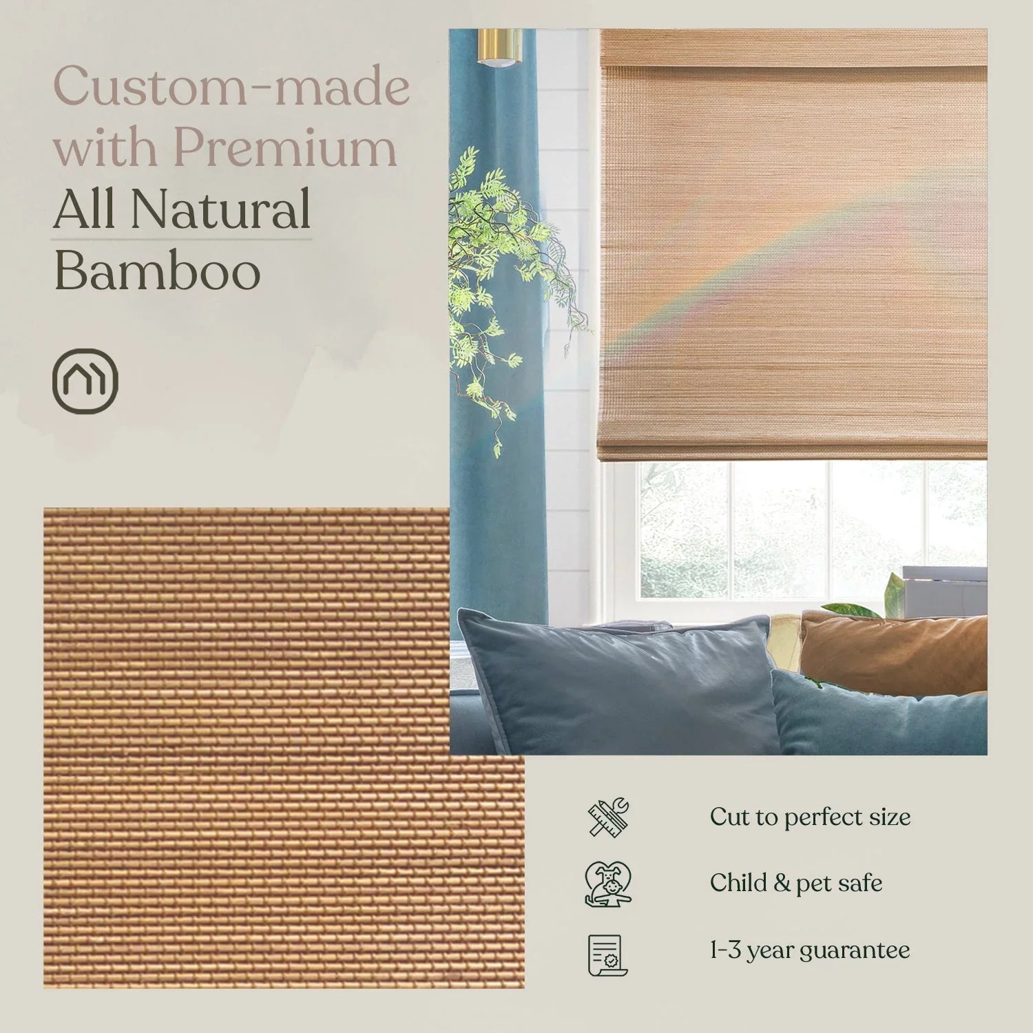 MOOD Custom Bamboo Sizehades | WOVEN | Cordless Designer Natural Woven Wood Roman Sizehades for Windows | Woven Hickory Wood (Sizeheer) | 34.5"W x 72"H