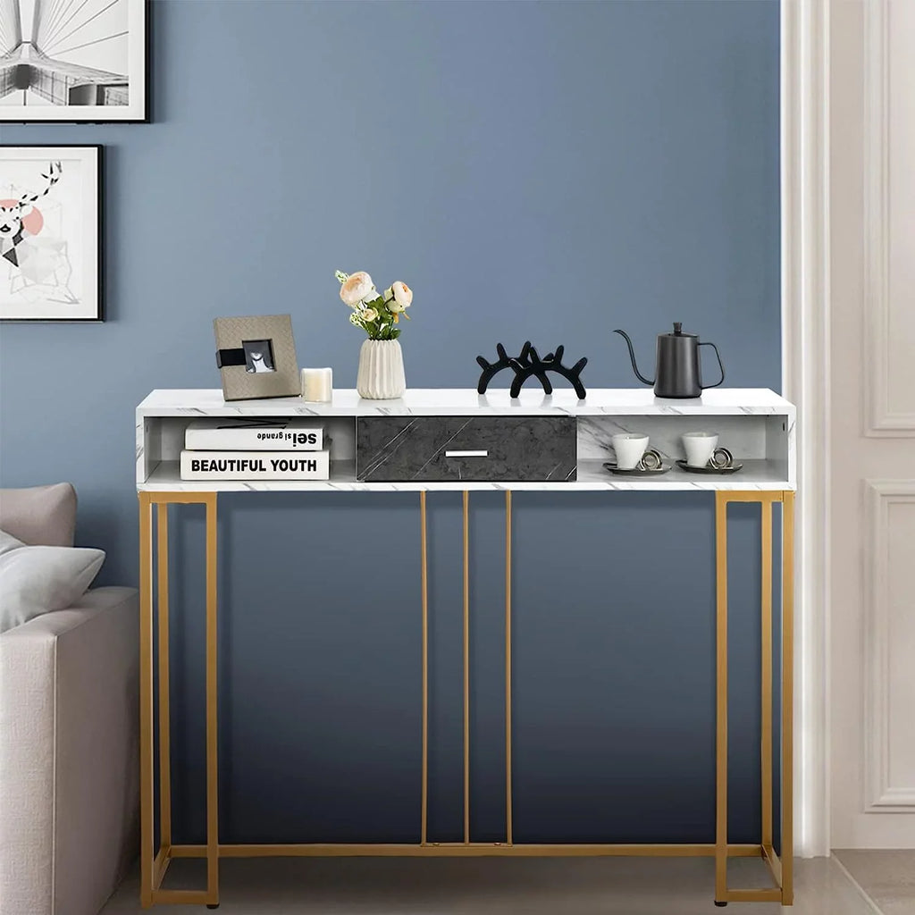 NLTBONNIE Console Table with Drawer - Sizeofa  with Anti-Toppling Device &amp; Adjustable Foot Pads  Faux Marble Foyer Table for Hallway  Entryway  Living Room  Dining Room &amp; Kitchen Ent