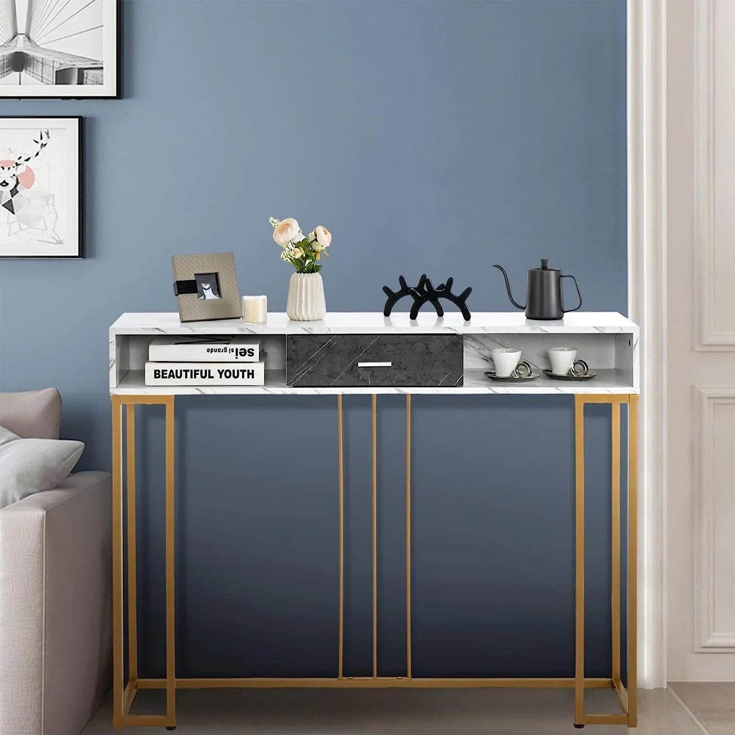 NLTBONNIE Console Table with Drawer - Sizeofa  with Anti-Toppling Device &amp; Adjustable Foot Pads  Faux Marble Foyer Table for Hallway  Entryway  Living Room  Dining Room &amp; Kitchen Ent