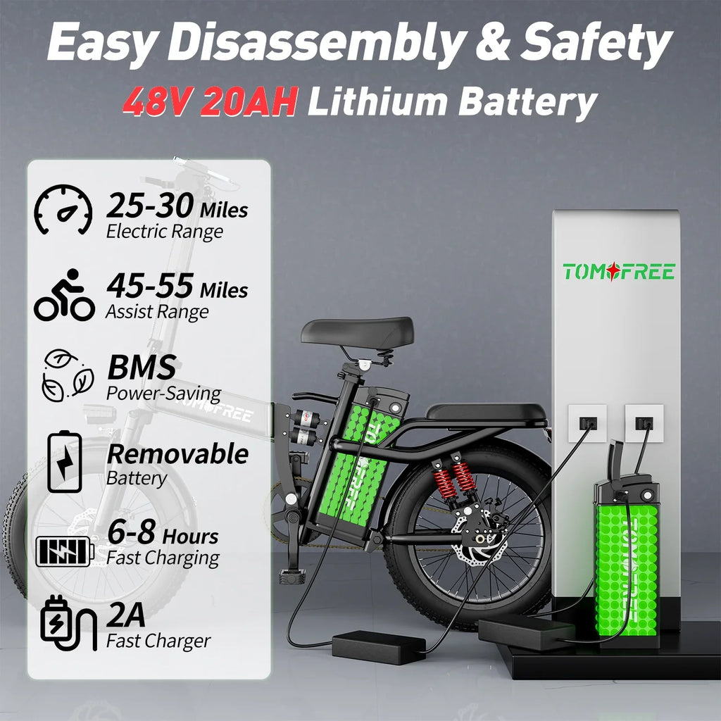Electric Bike for Adults, 48V 20AH Folding E-Bike Easy Assemble, 16* Tire Commuter Bike 40Miles Range 330lbs Load, Full UL GCC Certified, Black Ebike T1