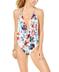 Bar III Women's Floral Printed Plunging-Neckline One-Piece, Ivory, L