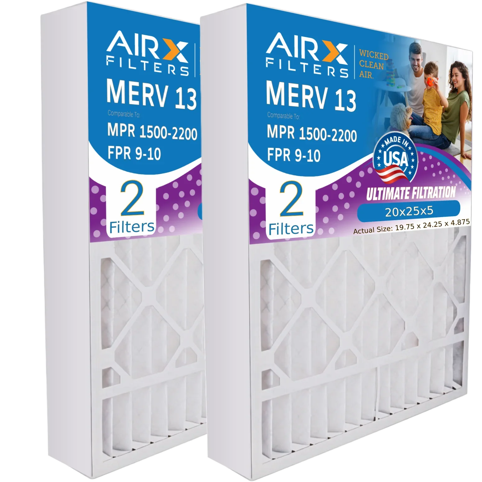 20x25x5 Air Filter MERV 13 Comparable to MPR 1500 - 2200 & FPR 9 Compatible with Ultravation 91-006 Premium USizeA Made 20x25x5 Furnace Filter 2 Pack by AIRX FILTERSize WICKED CLEAN AIR.