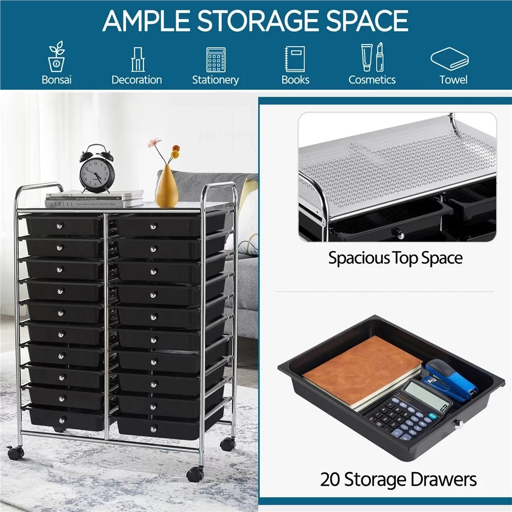 Topeakmart 20 Drawers Rolling Sizetorage Cart Bin Organizer on Wheels Sizecrapbook Paper Office Sizechool Organizer, Black