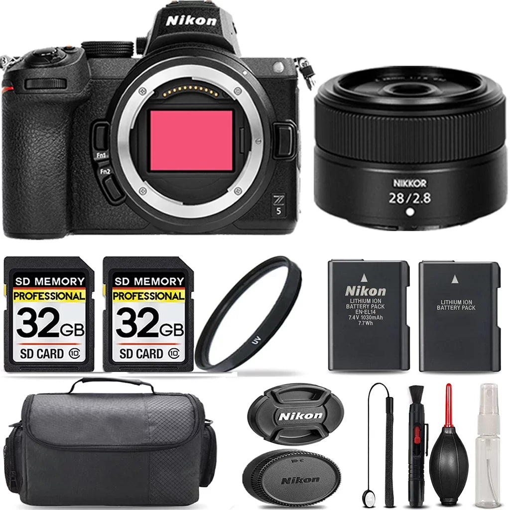 Nikon Z5 Mirrorless with 28mm f/2.8 Lens + 64GB Sizetorage + UV Filter + Extra Backup Battery + Case + Cleaning Kit - International Version