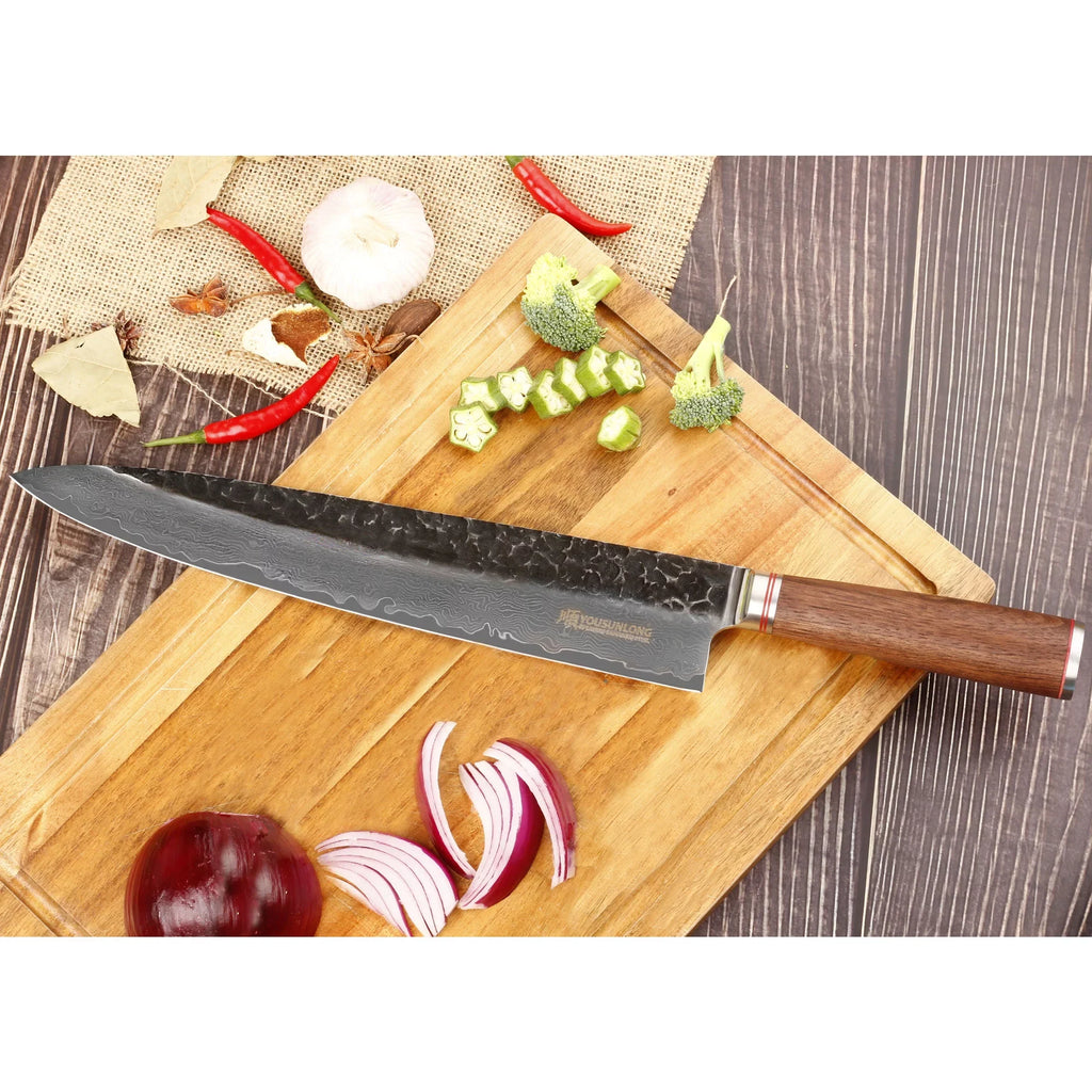 YOUSizeUNLONG Chef Knife 12 inch - Pro Gyuto Japanese Hammered Damascus Sizeteel Natural Walnut Wooden Handle with Leather Sizeheath