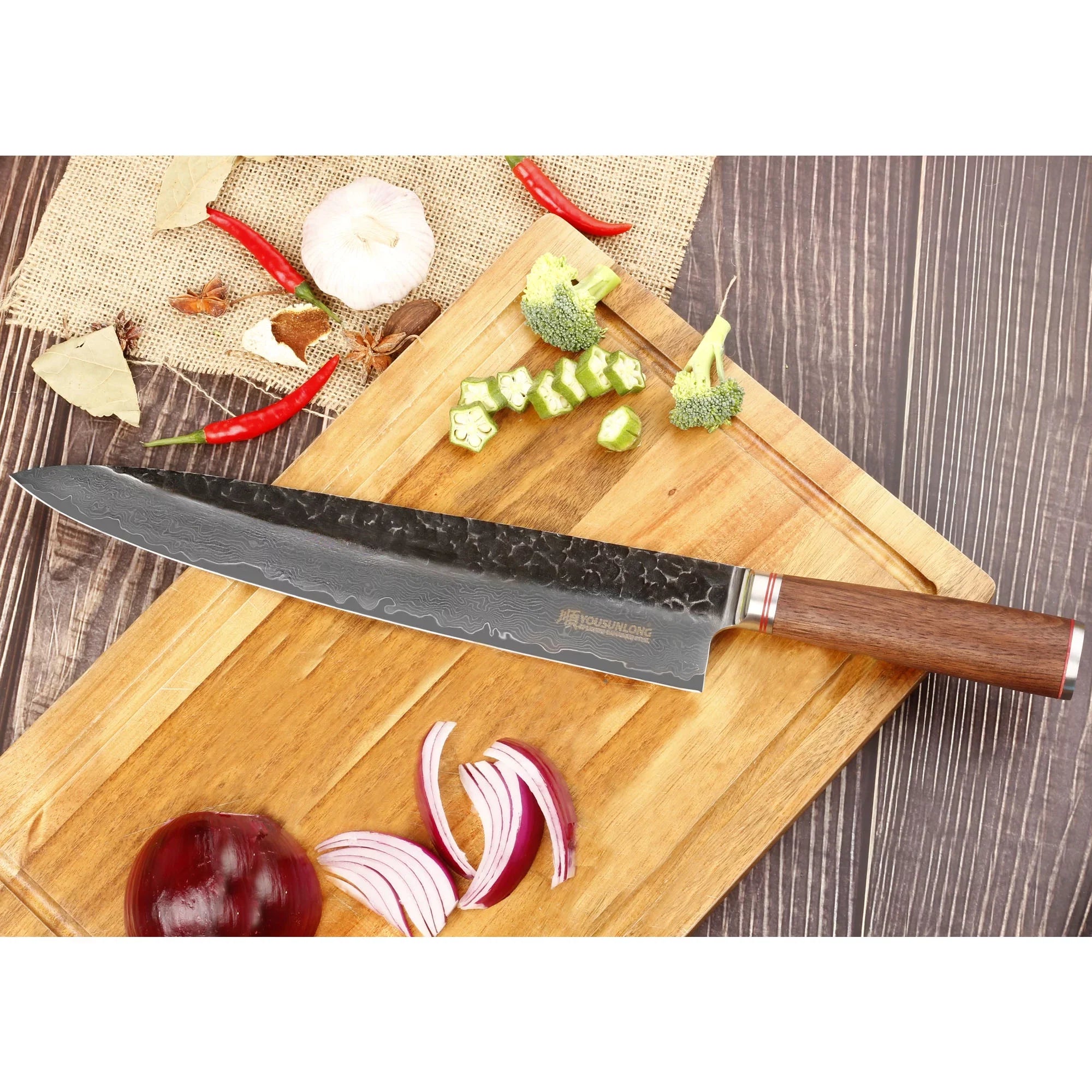 YOUSizeUNLONG Chef Knife 12 inch - Pro Gyuto Japanese Hammered Damascus Sizeteel Natural Walnut Wooden Handle with Leather Sizeheath