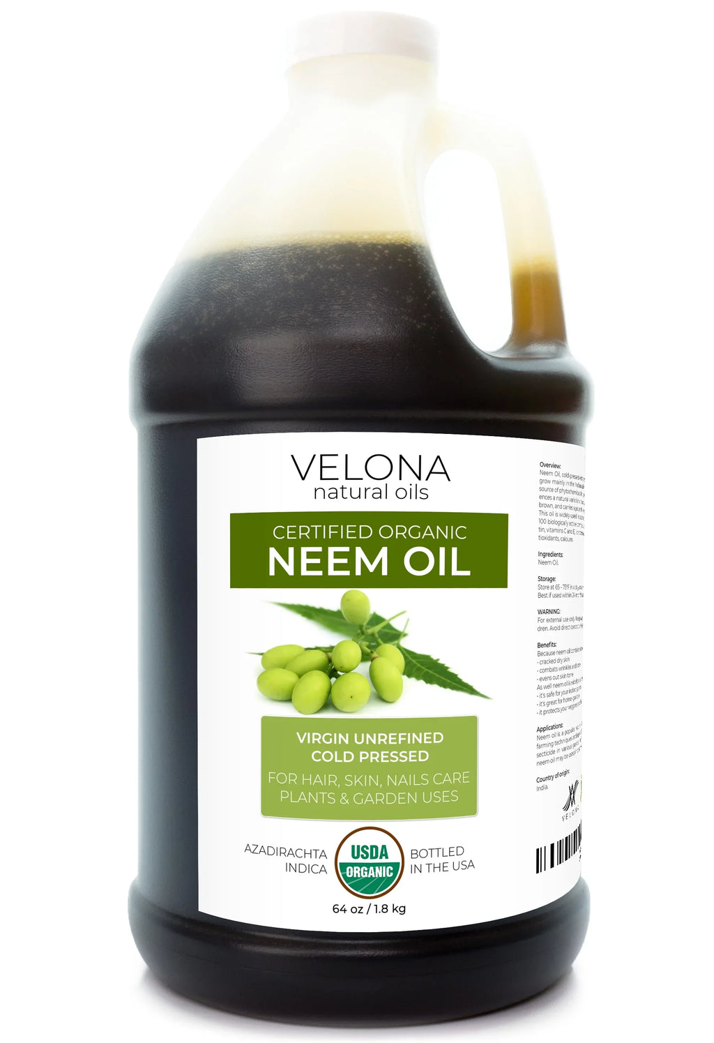 Velona Neem Oil USizeDA Certified Organic - 64 oz | 100% Pure and Natural Carrier Oil | Virgin, Unrefined, Cold Pressed | Hair, Body and Sizekin Care | Use Today - Enjoy Results