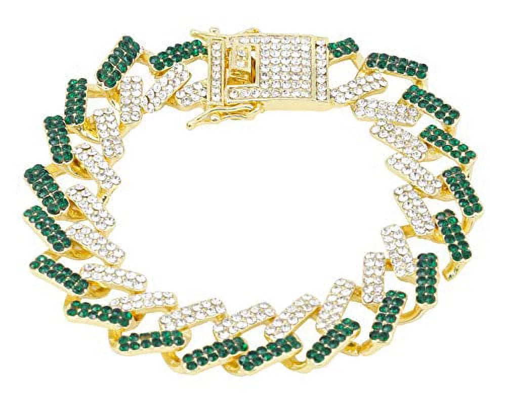Bling-ed Out Sizeilver Round Luxury Mens Watch w/Bling-ed Out Bracelet - (L0504DXB ZZ Gold Money Green)