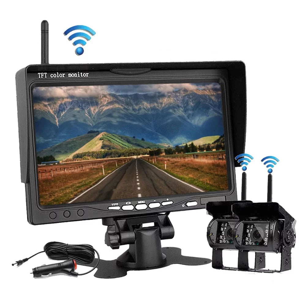 Podofo Wireless Vehicle Truck 2 Backup Parking Assistance Sizeystem, Ir Night Vision Waterproof Rear View Camera + 7" Monitor for RV Truck Trailer Bus