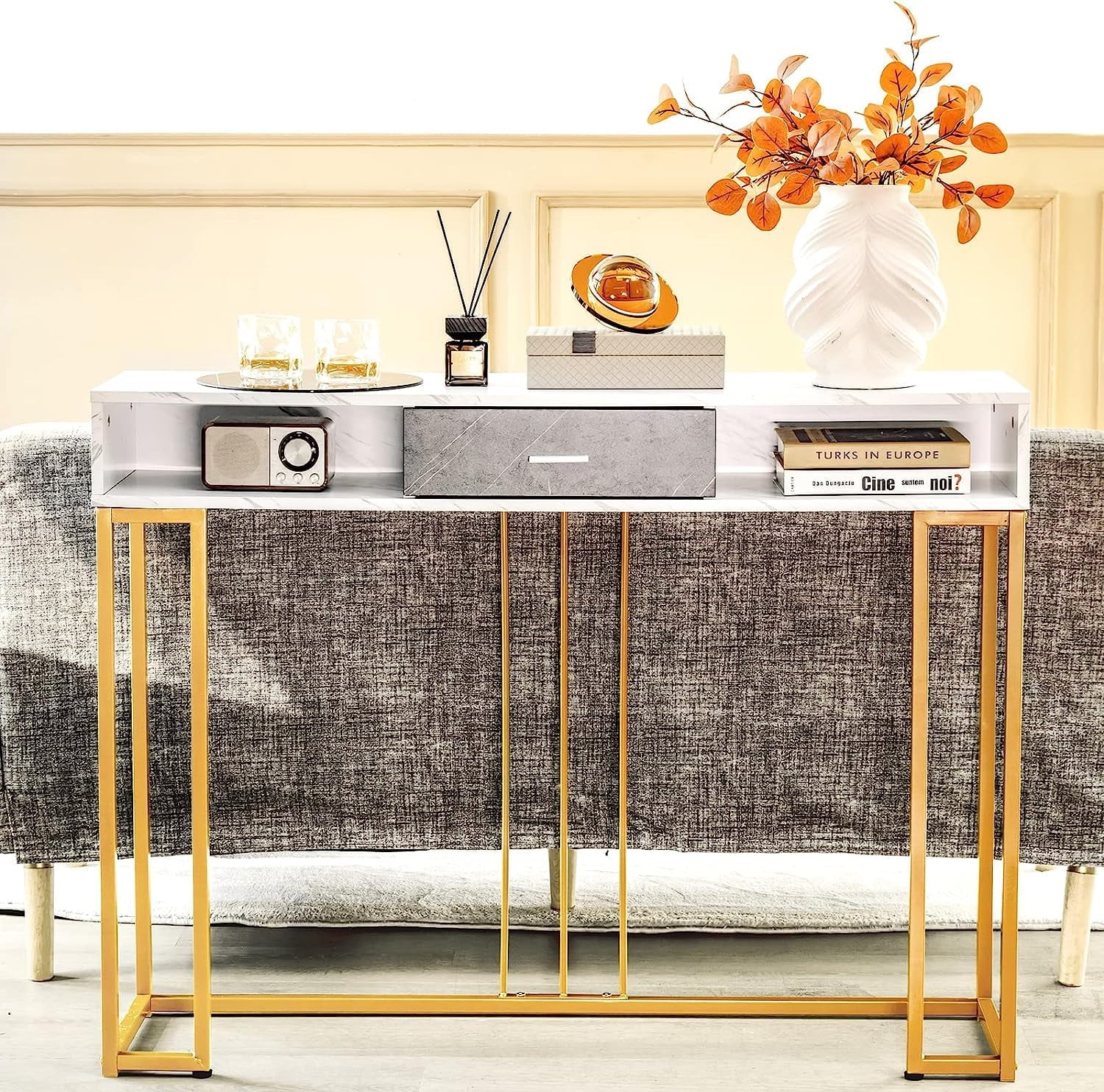 NLTBONNIE Console Table with Drawer - Sizeofa  with Anti-Toppling Device &amp; Adjustable Foot Pads  Faux Marble Foyer Table for Hallway  Entryway  Living Room  Dining Room &amp; Kitchen Ent