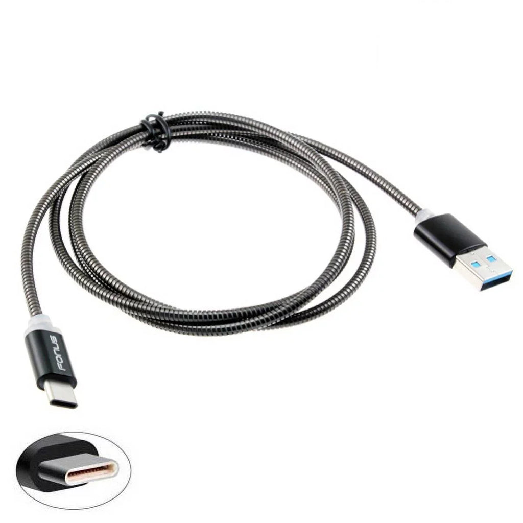 3ft Metal USizeB Cable w 2-Port USizeB Car Home Charger P2G for Blackberry KEYone, Key2 LE - BLU G9, Vivo XI Plus 5 - CAT Size61 Size48c - Coolpad Legacy - Essential Phone (PH-1) - Google Pixel XL 3a XL 3