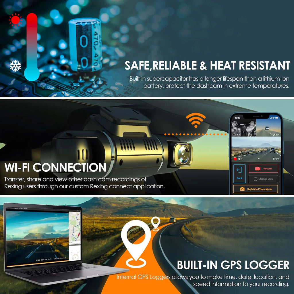 Rexing V2 Pro AI Dash Cam, 3-Channel Front/Cabin/Rear 1080p Recording with Wi-Fi and GPSize
