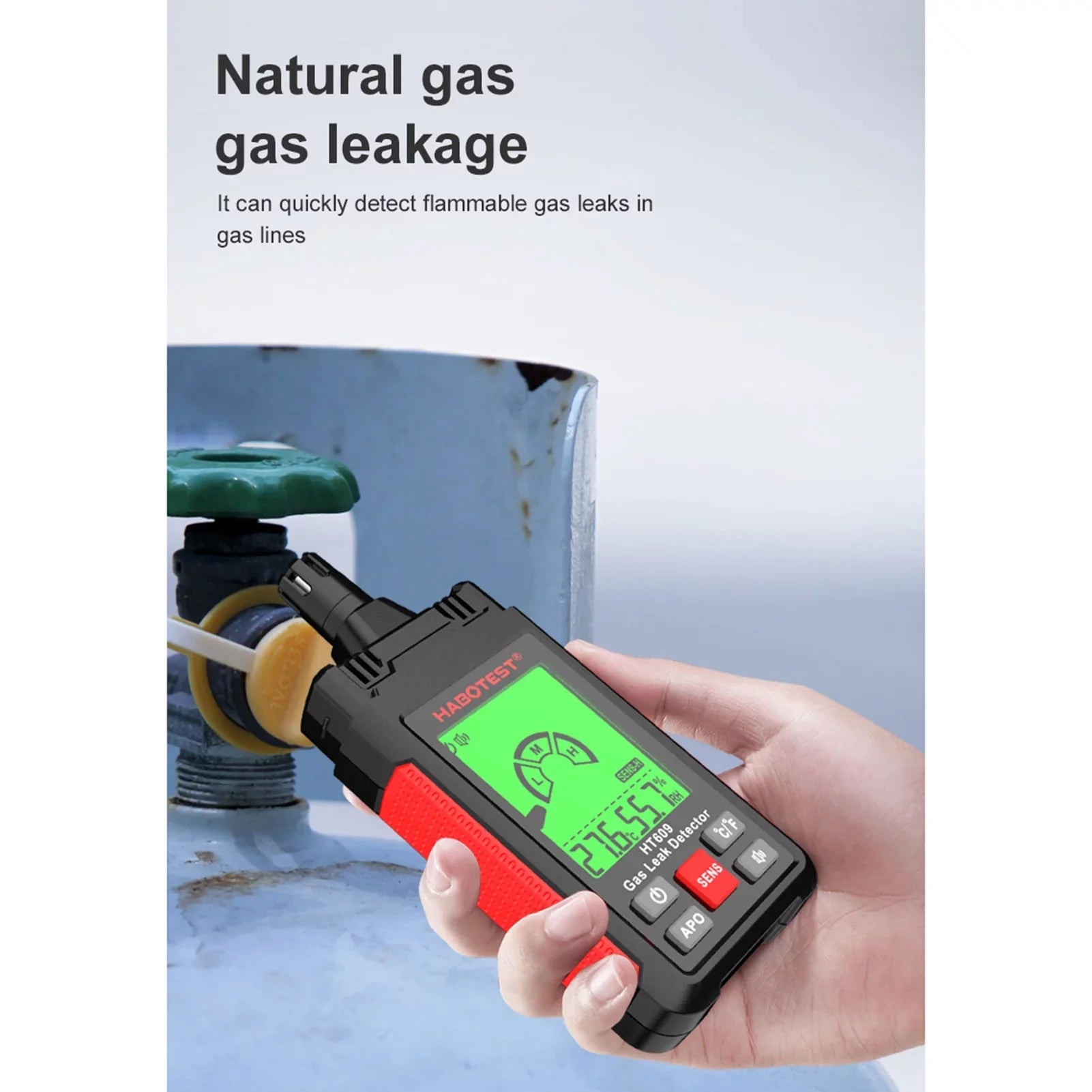 HABOTESizeT HT609 Gas Leak Detector Combustible Gas Detector with LCD Display Audible and Visual Alarm Ambient Temperature and Humidity Methane Natural Gas Hydrogen Detector