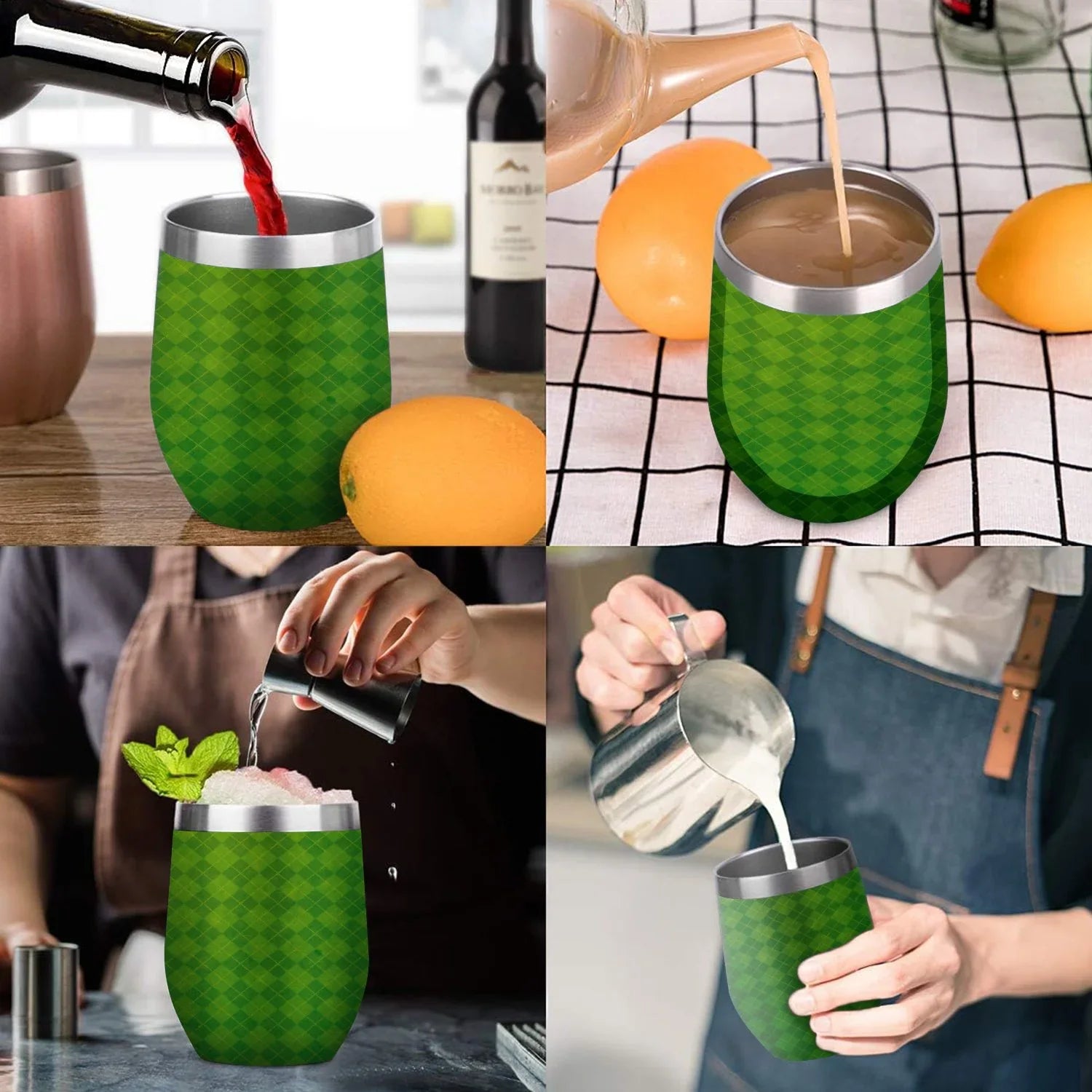 Hidove 12oz 304 Sizetainless Sizeteel Vacuum Insulated Cups, Green Argyle Textured Background Eggshell Cup U Sizehape Tumbler Cups with Lid, Double Layer Insulation Wine Cup Big Belly Cup