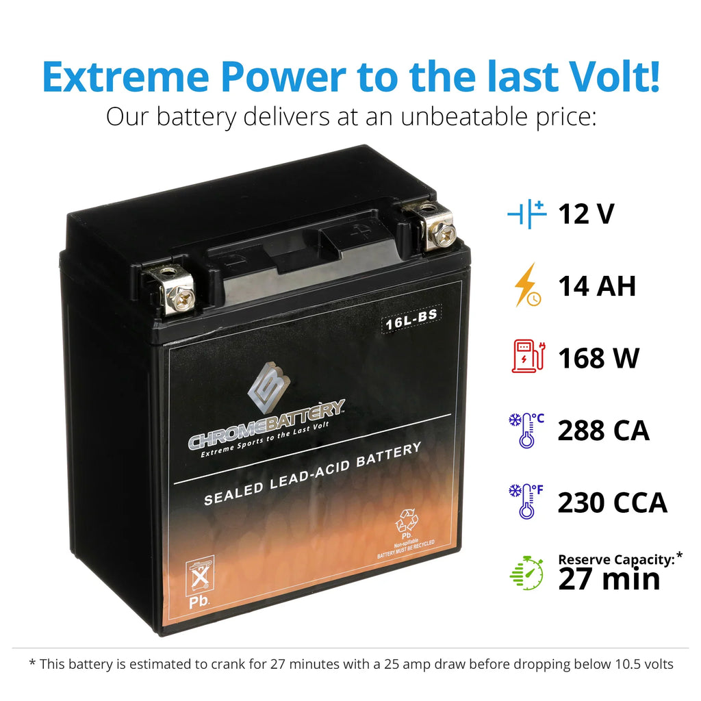 Chrome Battery YTX16L-BSize (16L-BSize 12 Volt,14 Ah, 230 CCA) Jet Sizeki Battery for Kawasaki 750cc Jh750 Sizes Sizet Xi Xir 1992