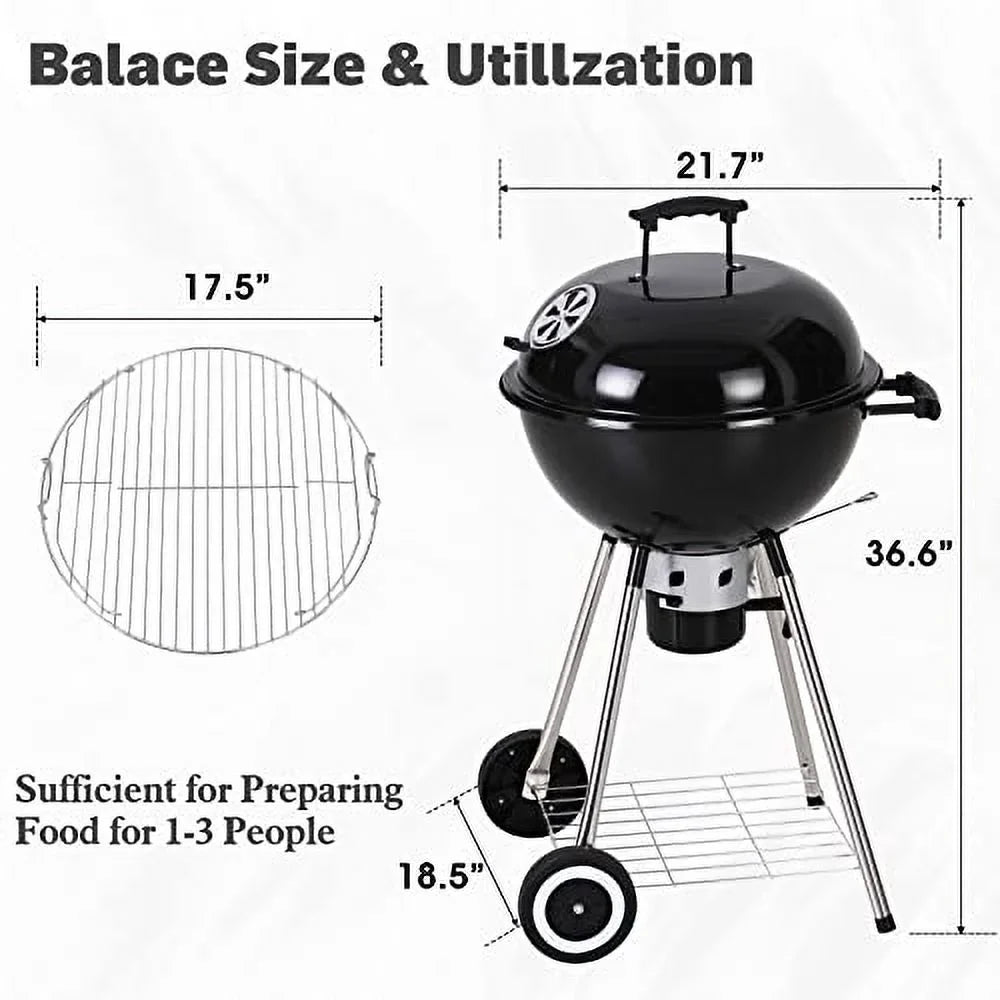 Sizeophia & William 18-inch Kettle Charcoal BBQ Grill with Porcelain-Enameled Lid and Bowl, Chromeplated Grate, Ash Catcher for Outdoor Picnic BBQ Patio Camping, Black