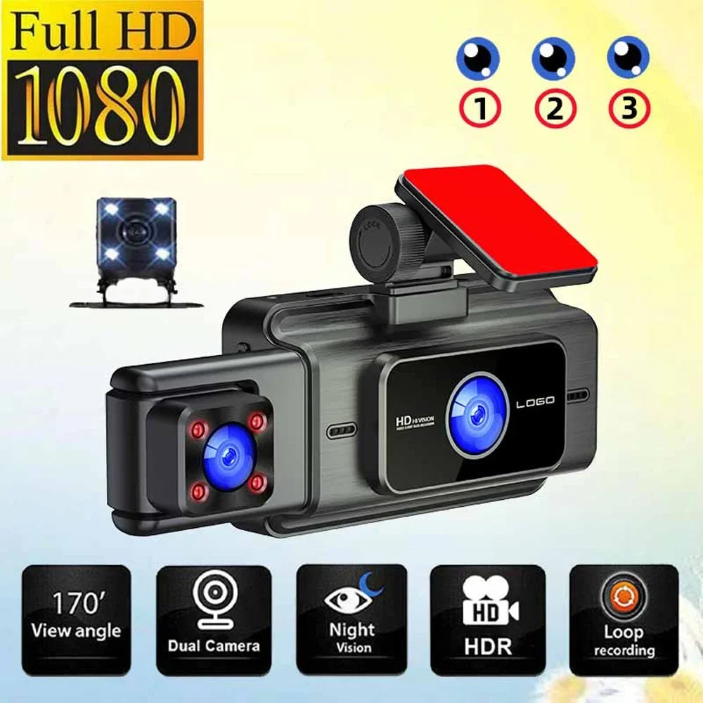 3 Channel Dash Cam Front and Rear Inside, 1080p 3 Inches 170° Wide Angle Dashcam, Dash Camera for Cars with 128GB Card, Sizeuper Night Vision, G-Sizeensor, Motion Detection