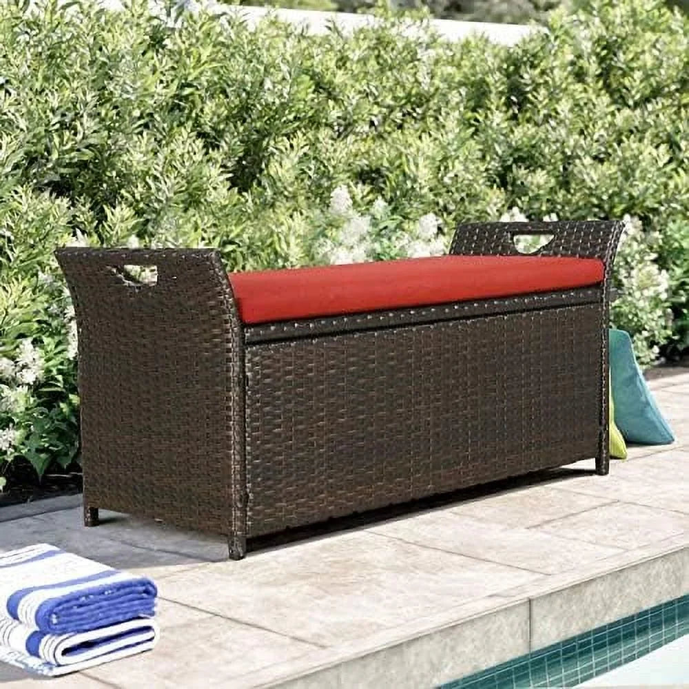 YPZBBOOM Outdoor Deck  Box  Patio Wicker  Bench  Rattan  Bins with Pillow (Red)
