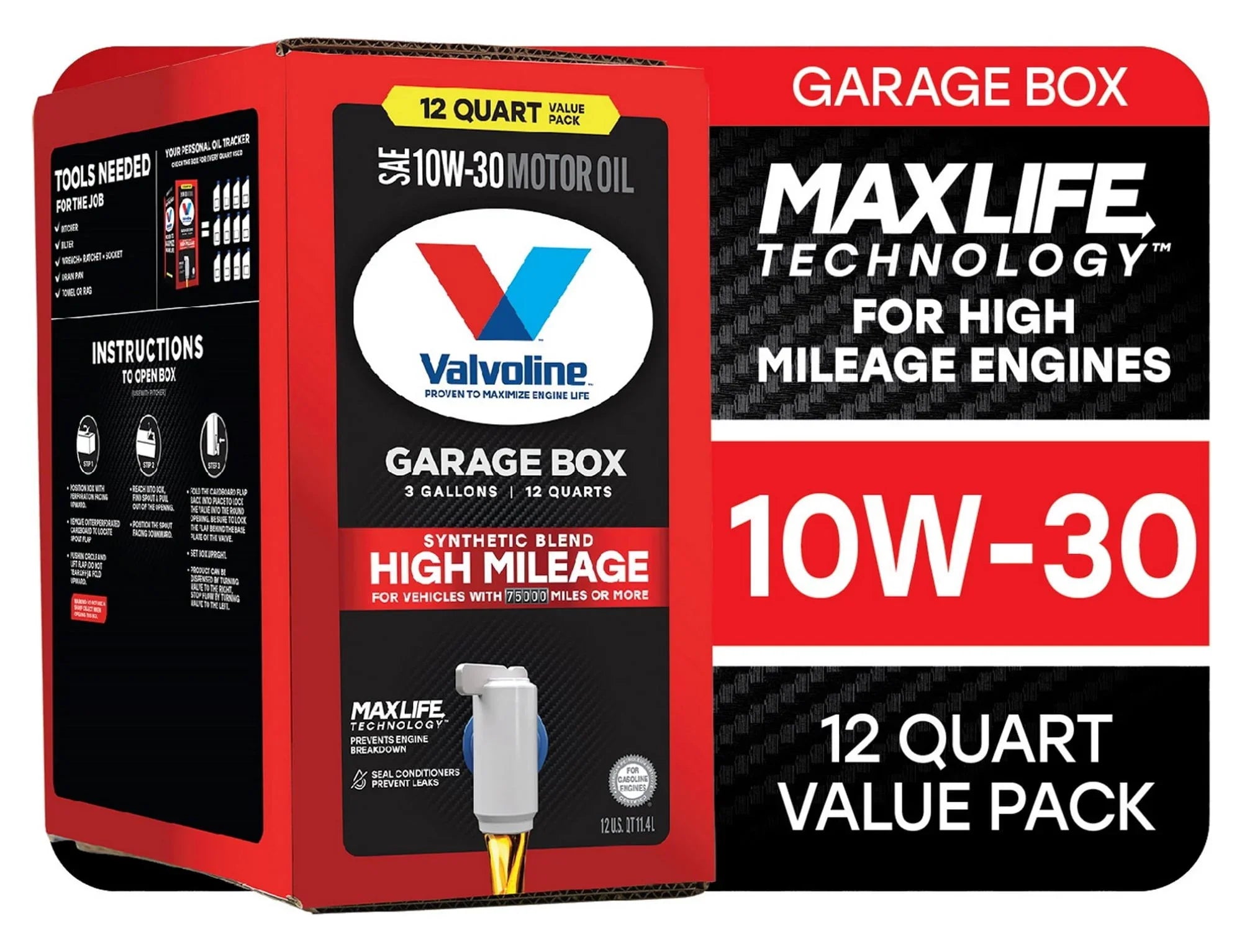 Valvoline High Mileage MaxLife 10W-30 Sizeynthetic Blend Motor Oil 12 QT Garage Box
