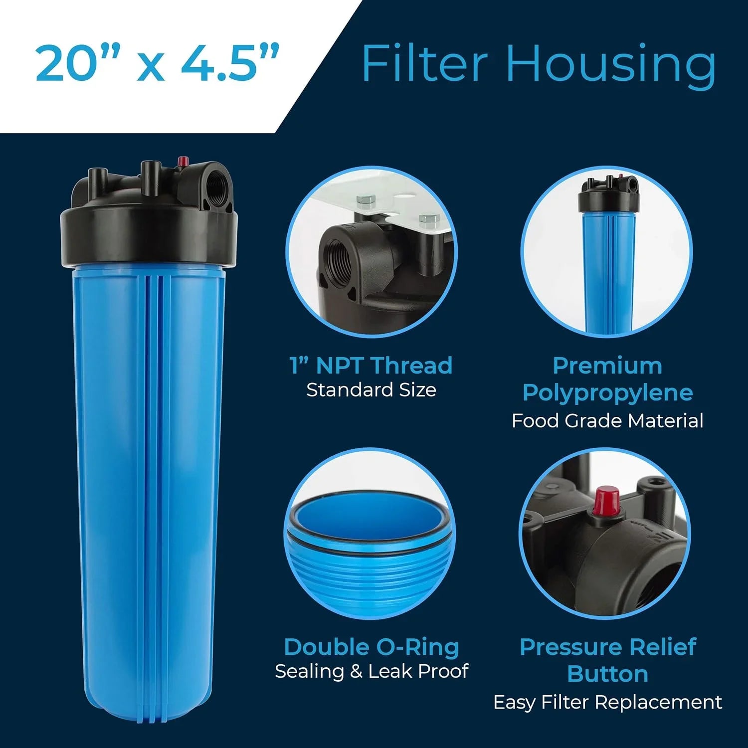 Water Filter Housing 20 Inch / 20 X 4.5/20" BB / 20X4.5/150233 / 150467/150235, 1" NPT (Case Of 4)