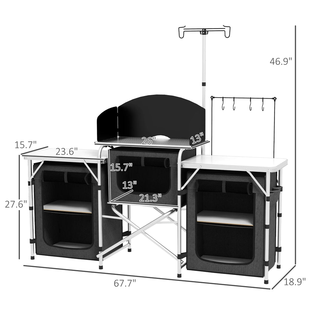 Outsunny Folding Camping Kitchen with Windshield Fabric Cupboards Black