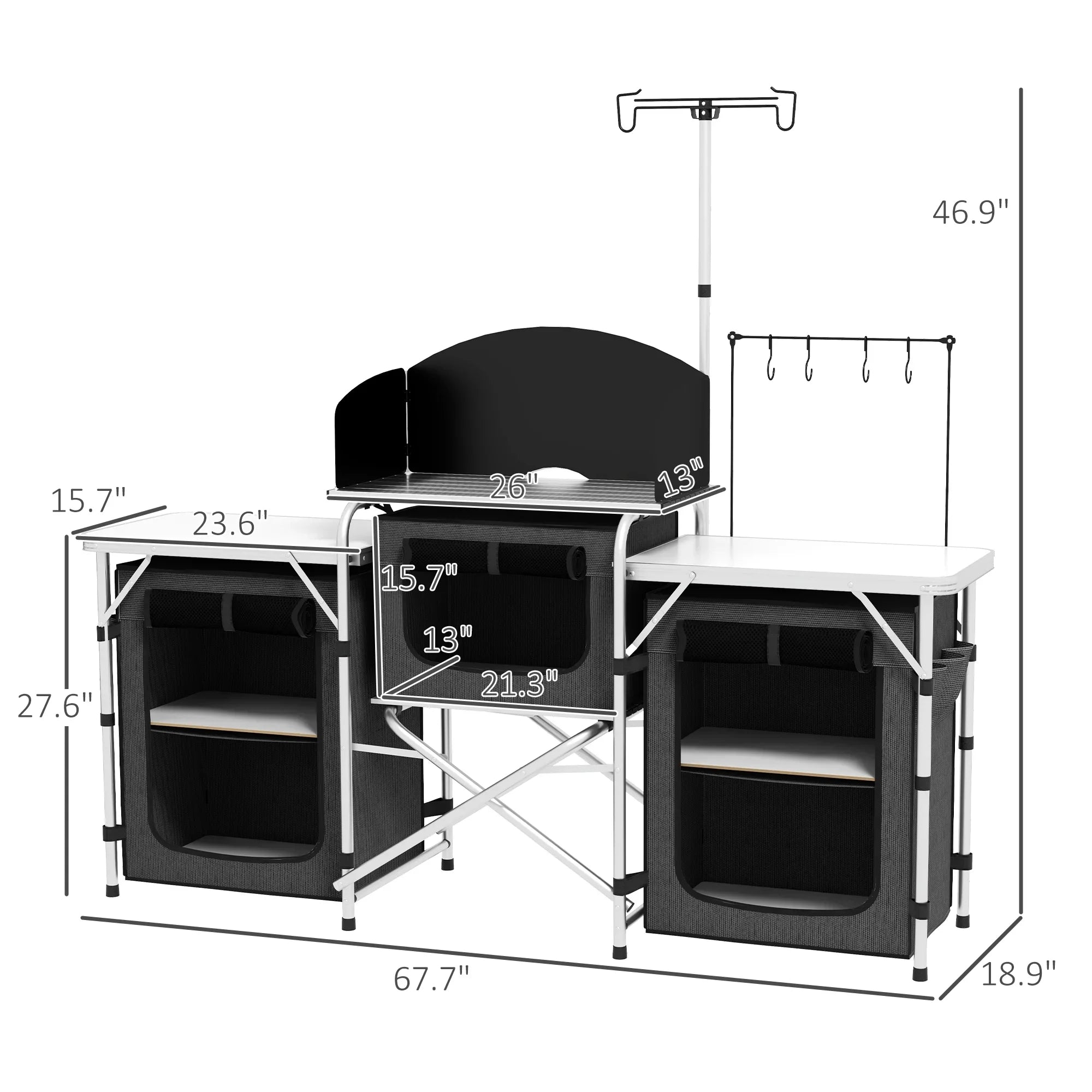 Outsunny Folding Camping Kitchen with Windshield Fabric Cupboards Black