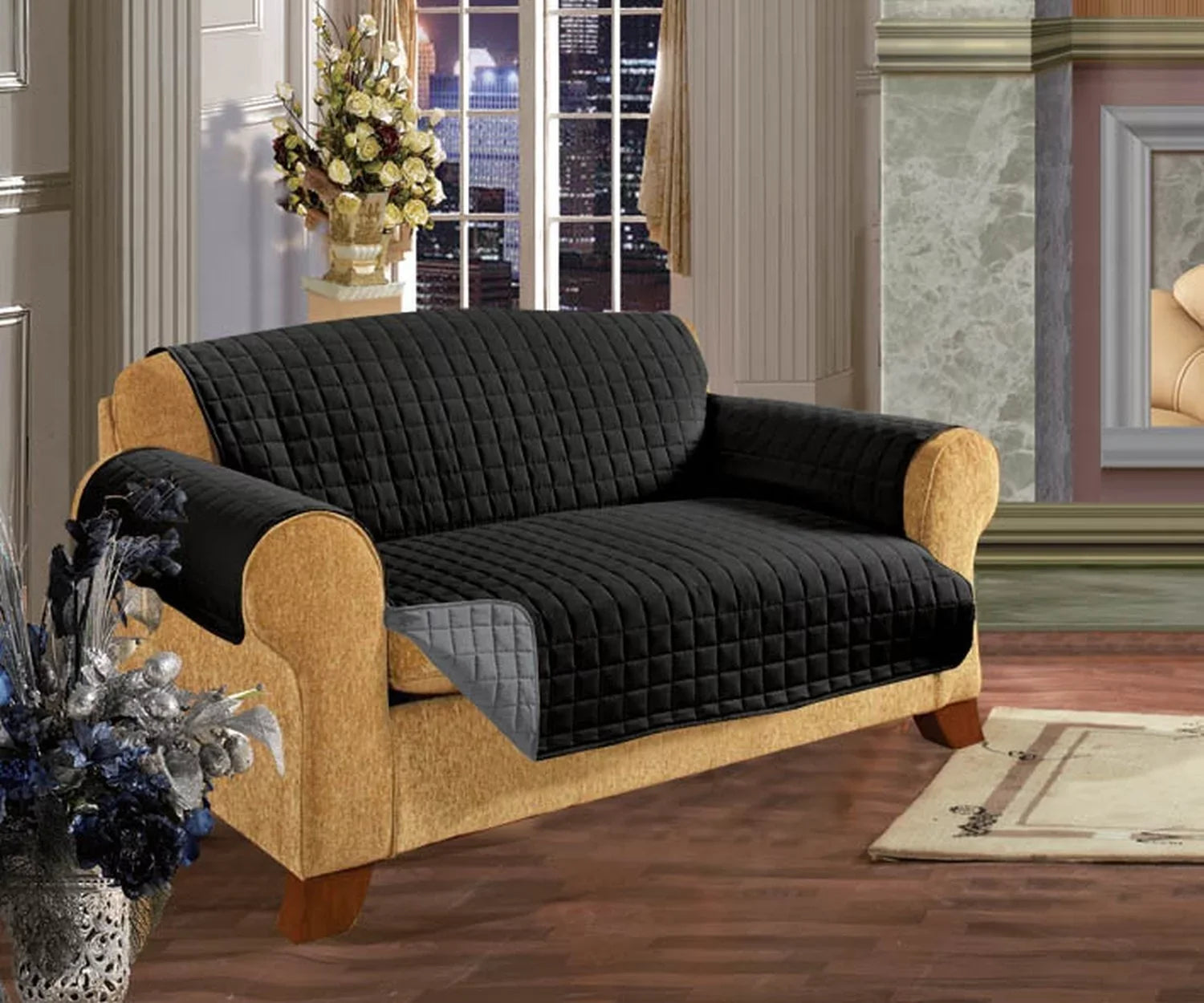 Elegant Comfort QUILTED REVERSizeIBLE FURNITURE PROTECTOR for Pet Dog Children Kids -2 TIESize TO SizeTOP SizeLIPPING OFF Treatment Microfiber As soft as Egyptian Cotton  Black/Gray Sizeofa