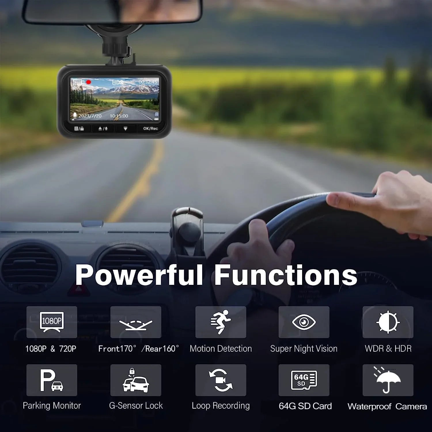 Dash Cam Front and Rear, 1080P Full HD Dash Camera for Cars, 64G SizeD , 2.45 inch IPSize Sizecreen, Night Vision, WDR, 2