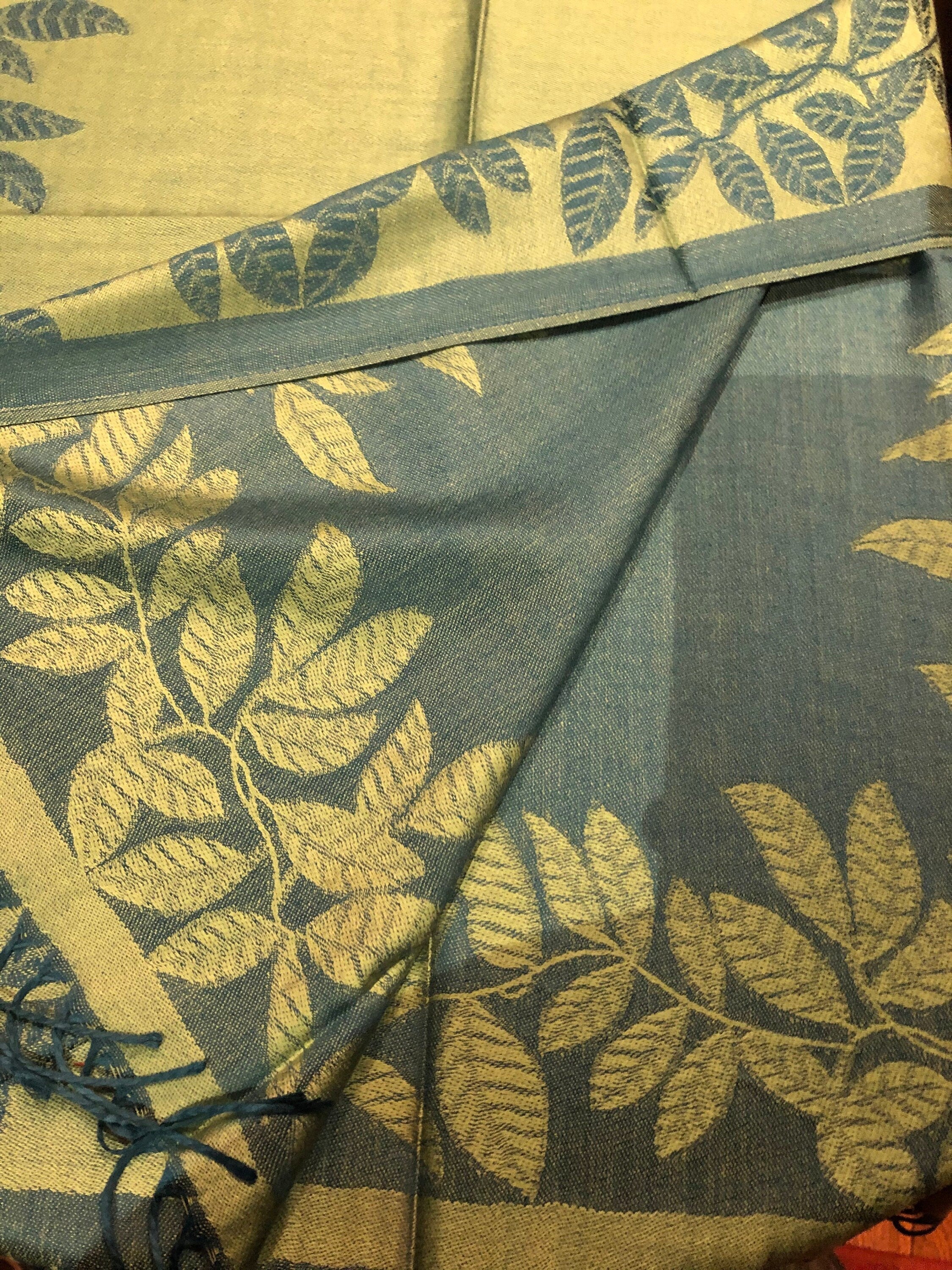 Vintage Teal blue and Green Vine Brocade Reversable Pashmina Sizecarf Wrap shawl