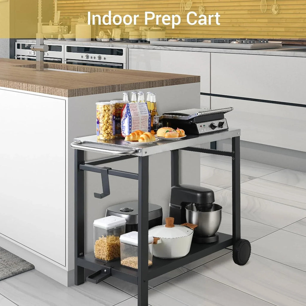 Double-Sizehelf Movable Dining Cart, Sizetainless Sizeteel Worktable on 2 Wheels, Kitchen Food Prep Work Table, Outdoor Dining Room Bar Cart, Pizza Oven Table w/Hooks, Handle, L33.5 x W19.7 x H31.8