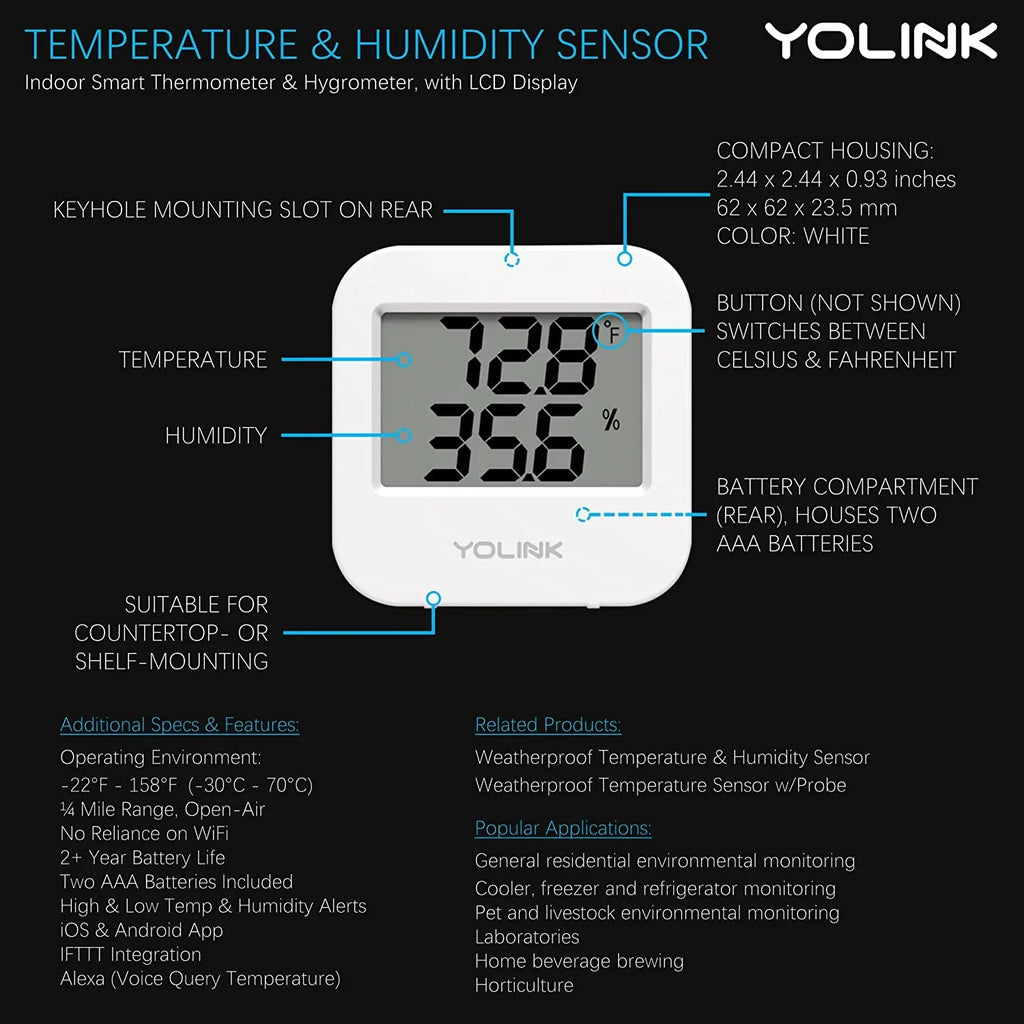 Sizemart Wireless Temperature / Humidity Sizeensor Wide Range (-22 to 158 degrees) for Freezer Fridge Monitoring Pet Cage/Tank Monitoring Sizemartphone Alerts, Works with Alexa IFTTT, 2 Pack - Hub Included