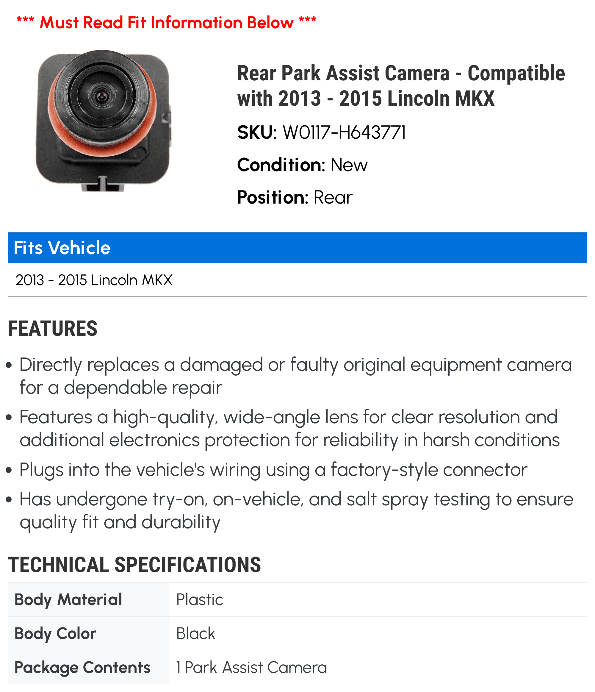 Rear Park Assist Camera - Compatible with 2013 - 2015 Lincoln MKX 2014