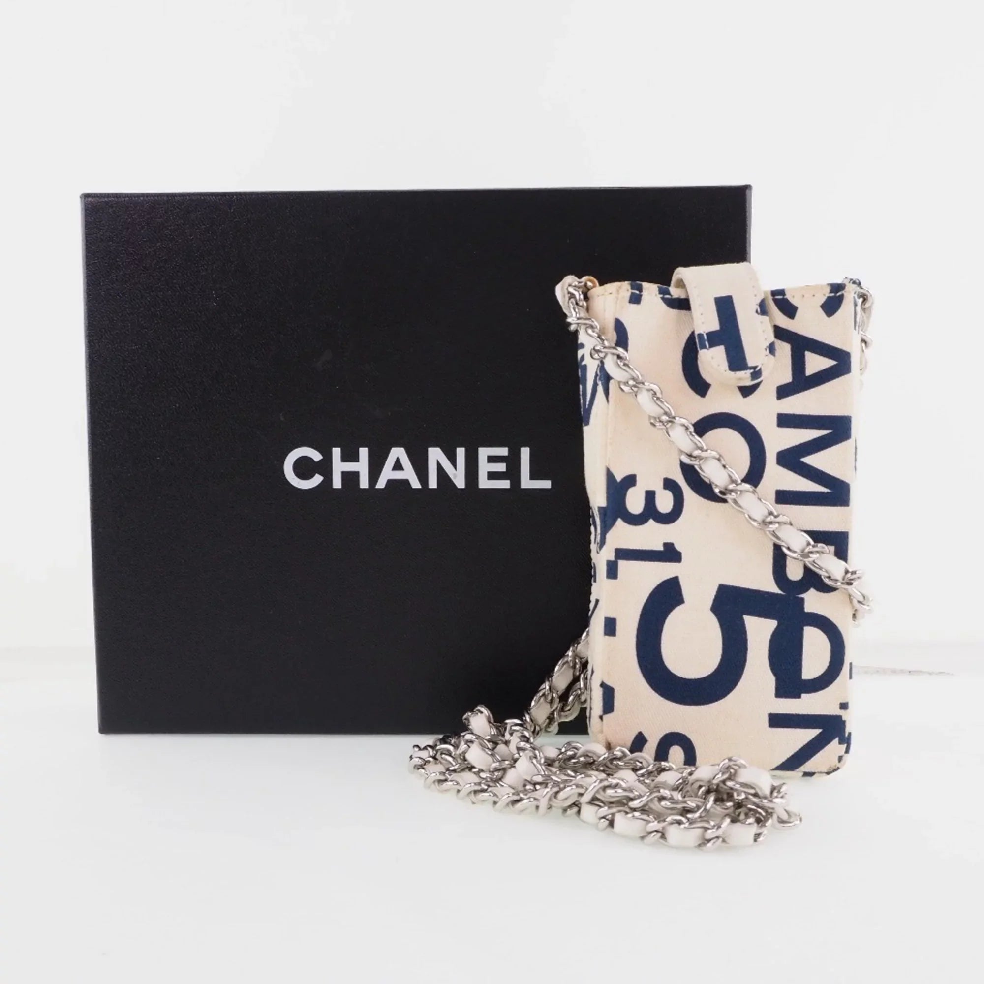 Pre-Owned Chanel Chain Pouch Canvas Ivory/Blue Women's (Good)