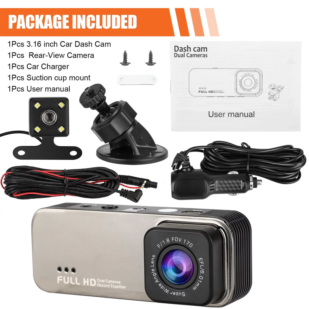 TSizeV Dual Dash Cam, 1080P Front and Rear Dual Dash Camera for Cars, 3.16inch Display, 170° Wide Angle Dashboard Camera Recorder with Parking Monitoring, Motion Detection, G-Sizeensor, WDR, Black