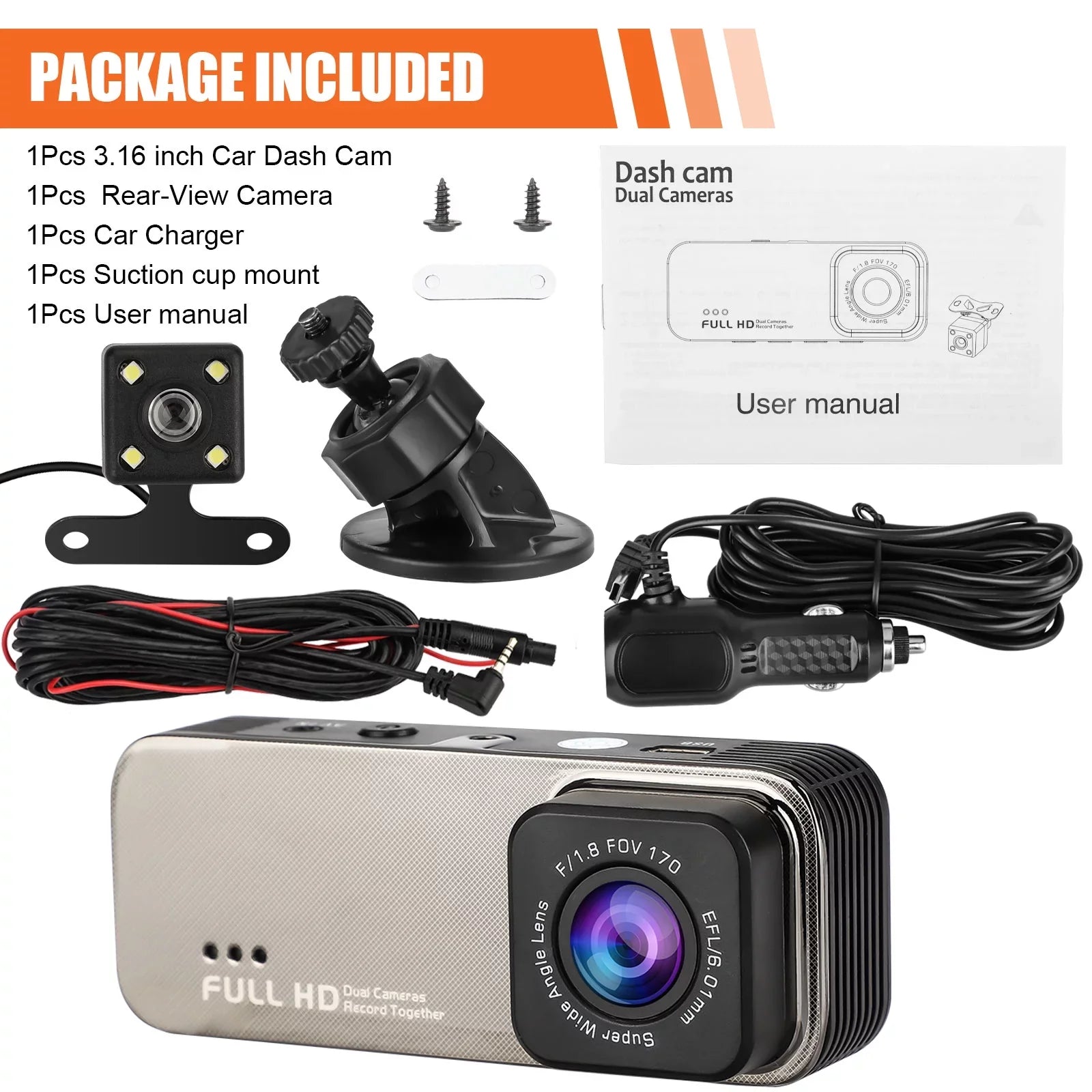 TSizeV Dual Dash Cam, 1080P Front and Rear Dual Dash Camera for Cars, 3.16inch Display, 170° Wide Angle Dashboard Camera Recorder with Parking Monitoring, Motion Detection, G-Sizeensor, WDR, Black