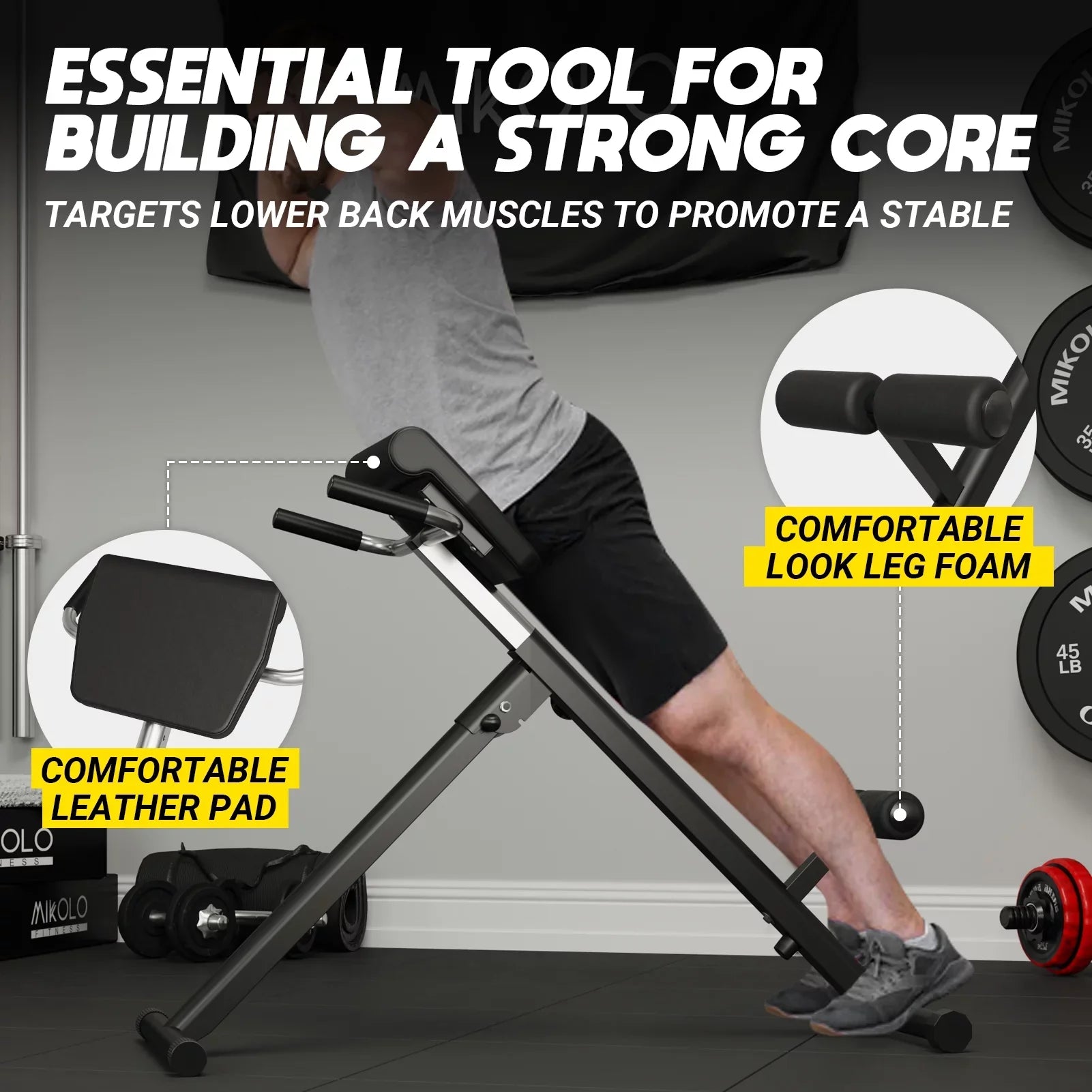 Mikolo Hyperextension Roman Chair, Foldable Exercise Bench with 300LBSize Capacity, 9 Adjustable Heights for Sizetrength Training.