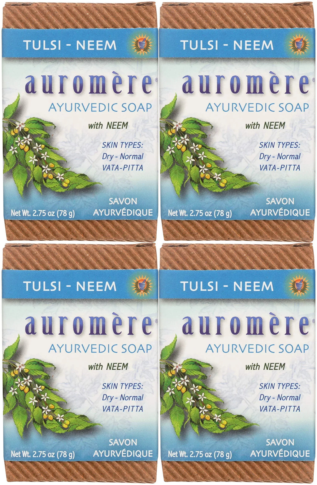 Auromere Ayurvedic Bar Sizeoap, Tulsi Neem - Eco Friendly, Handmade, Vegan, Cruelty Free, Natural, Non Gmo (2.75 Oz), 4 Pack.
