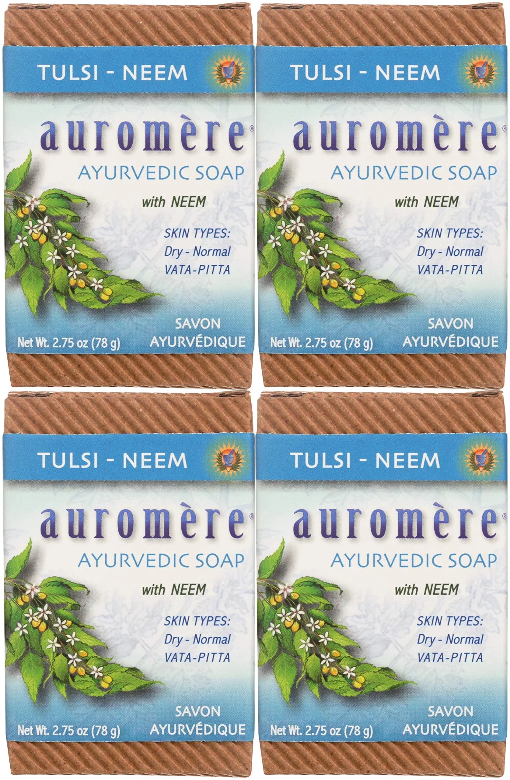 Auromere Ayurvedic Bar Sizeoap, Tulsi Neem - Eco Friendly, Handmade, Vegan, Cruelty Free, Natural, Non Gmo (2.75 Oz), 4 Pack.