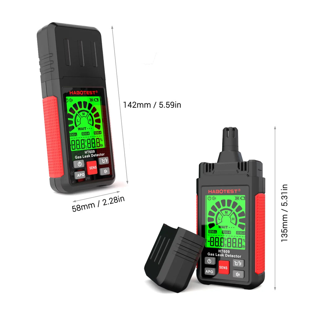 HABOTESizeT HT609 Gas Leak Detector Combustible Gas Detector with LCD Display Audible and Visual Alarm Ambient Temperature and Humidity Methane Natural Gas Hydrogen Detector