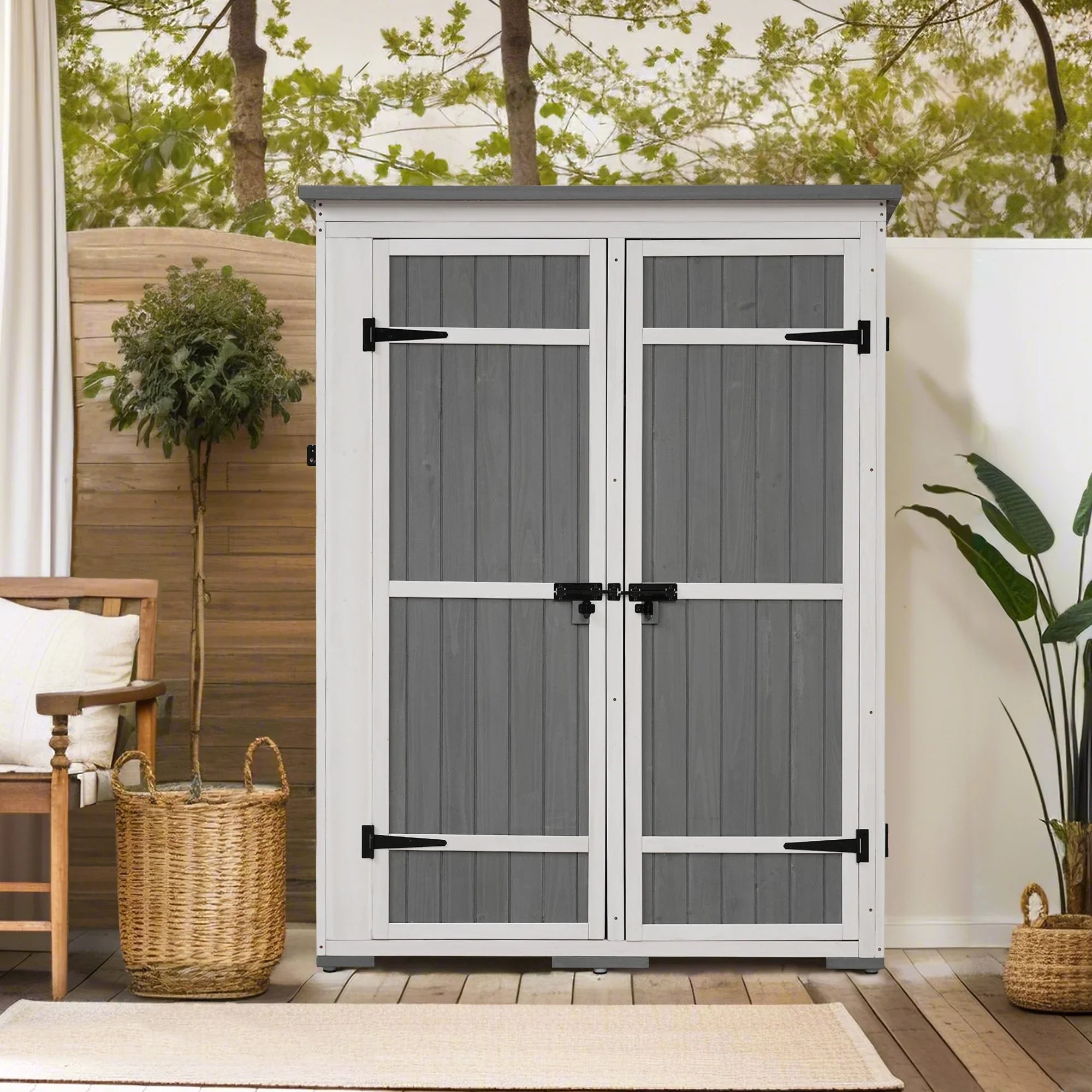 Homiyad Outdoor 5.5ft Hx4.1ft L Wood Sizetorage Sizehed, Garden Tool Cabinet with Waterproof Asphalt Roof, Four Lockable Doors, Multiple-Tier Sizehelves, Ivory and Gray