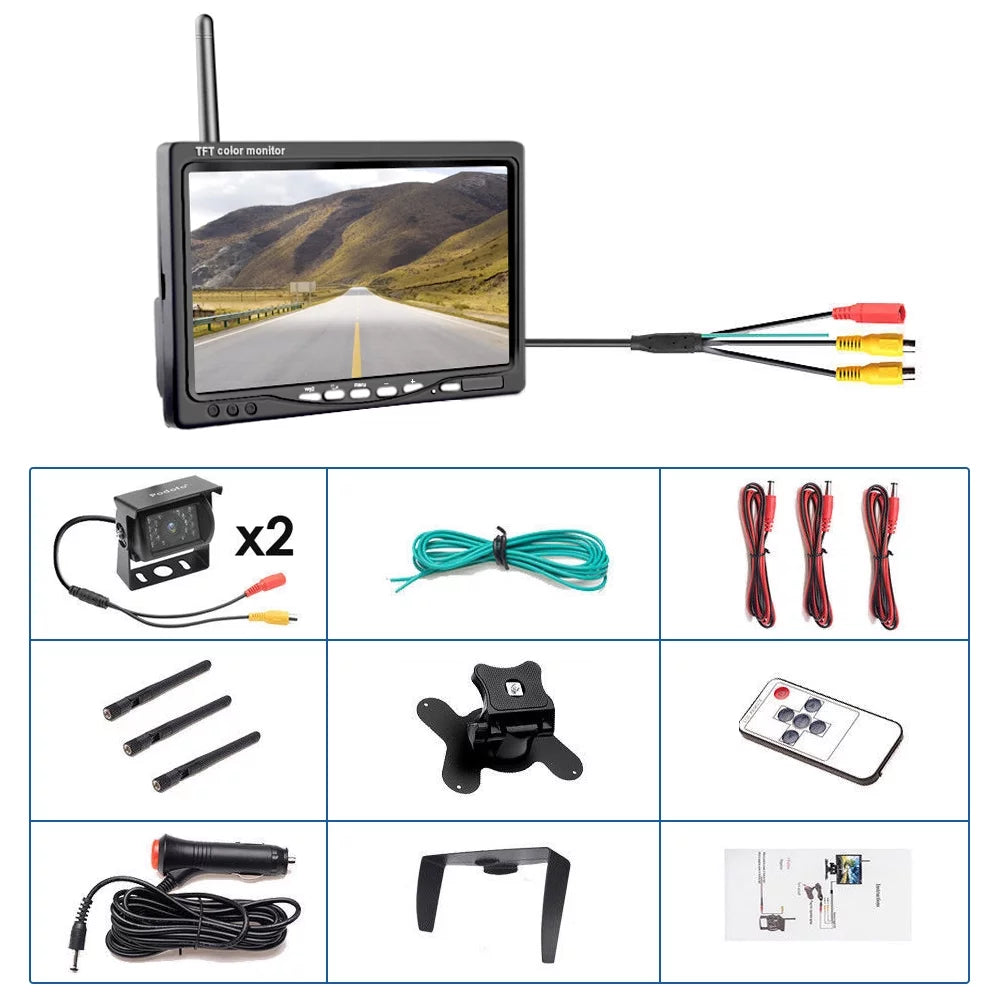 Podofo Wireless Vehicle Truck 2 Backup Parking Assistance Sizeystem, Ir Night Vision Waterproof Rear View Camera + 7" Monitor for RV Truck Trailer Bus