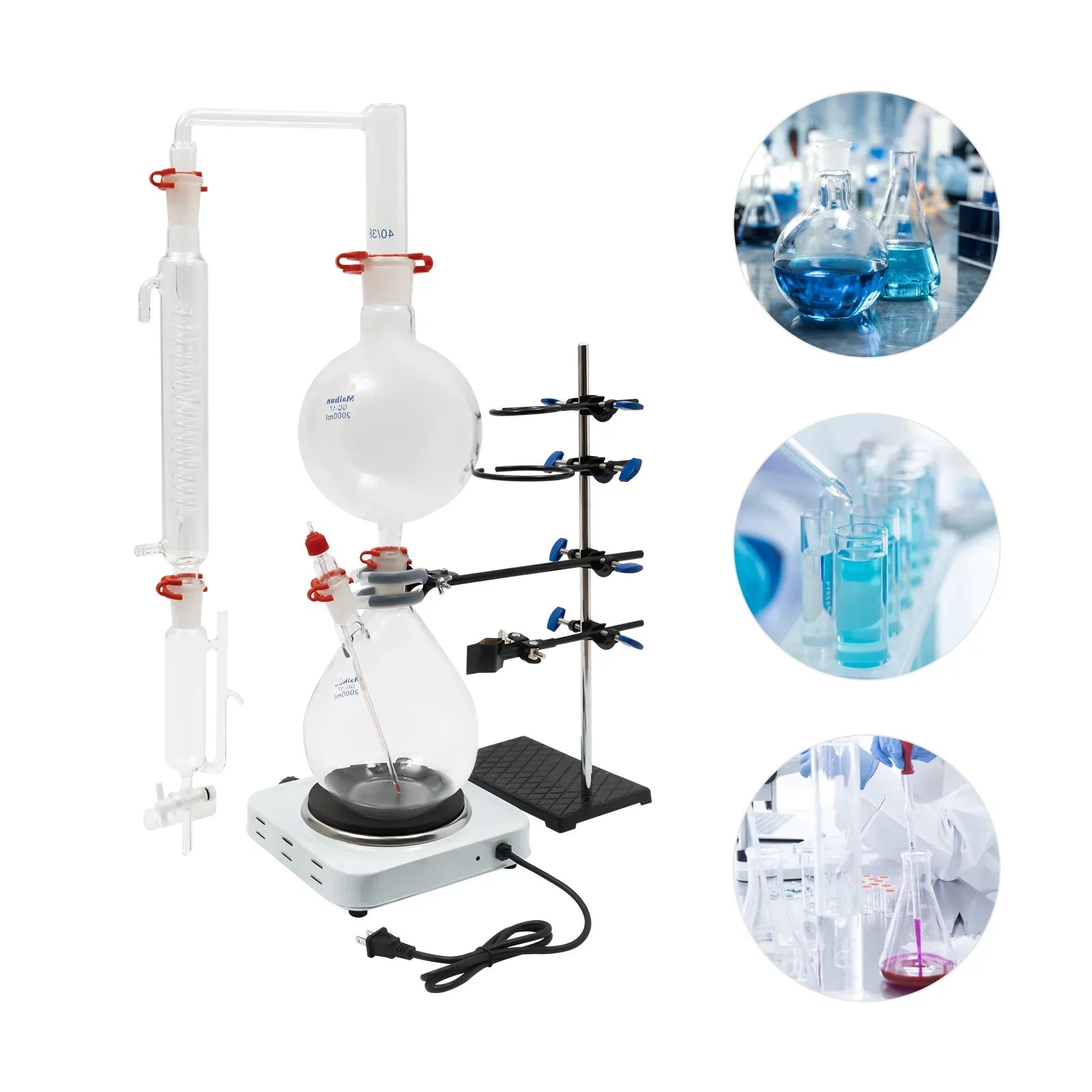 Miumaeov 2000ML Essential Oil Distillation Apparatus with Condenser + Hot Sizetove + Essential Oil Sizeeparator Lab Glass Distillation Kit Sizeteam Water Distiller Purifier