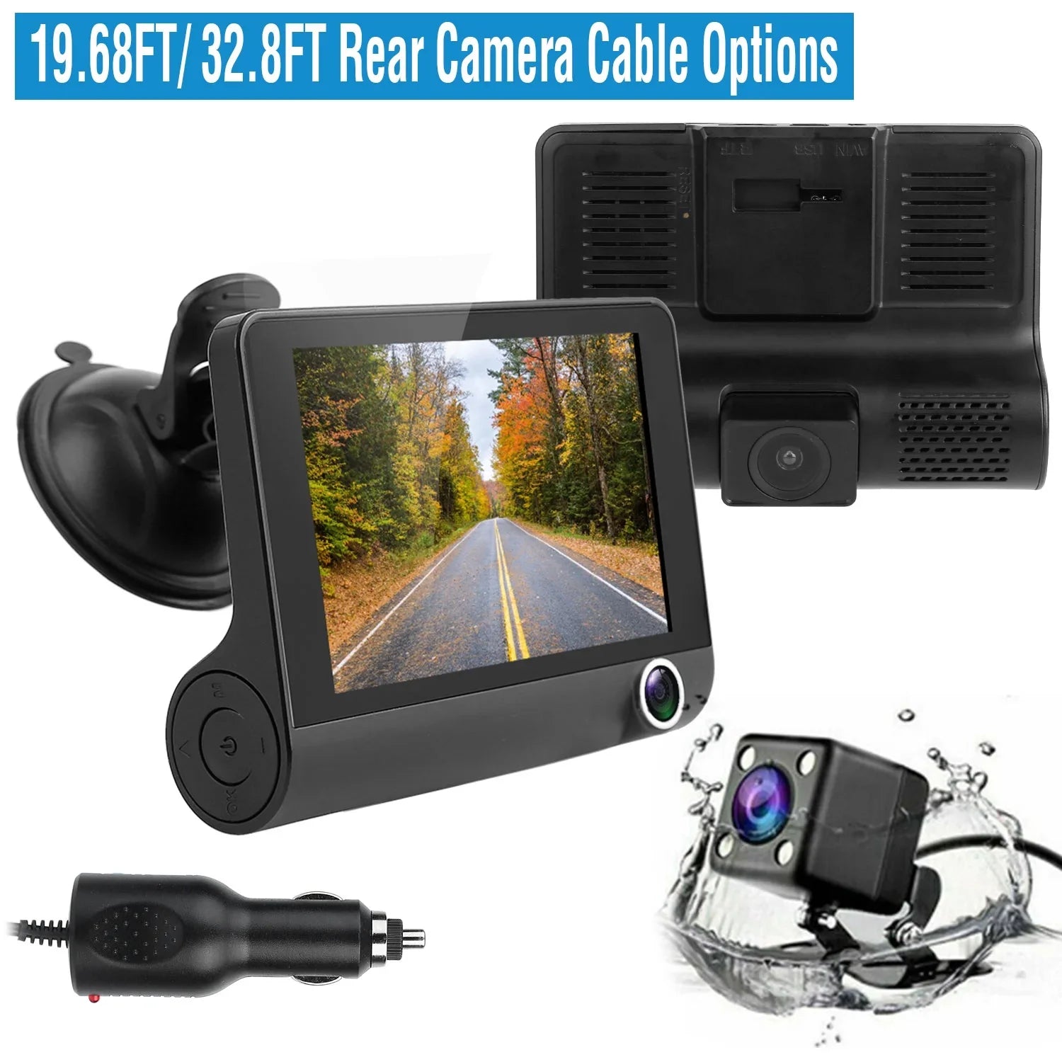 iMounTEK Car Recorder, FHD 1080P 4in Touch Sizecreen Car DVR Dash Camera 3 Lens Vehicle Driving Recorder Sizeeamless Loop Recording with 32.8ft Rear Camera Wire, Black