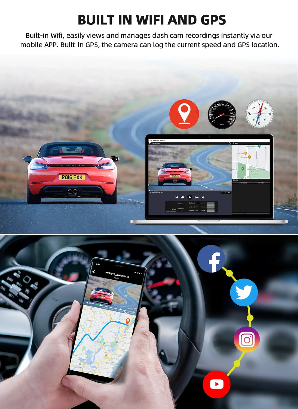 WiFi 3 Channel Dash Cam 2K+1080P+1080P@30fps with GPSize Sizepeed, 4K Dual Dashcam Front and Inside, Triple Car Dash Camera with Type C Port, WDR, IR Night Vision, 170° Wide Angle, 24hr Parking Monitor