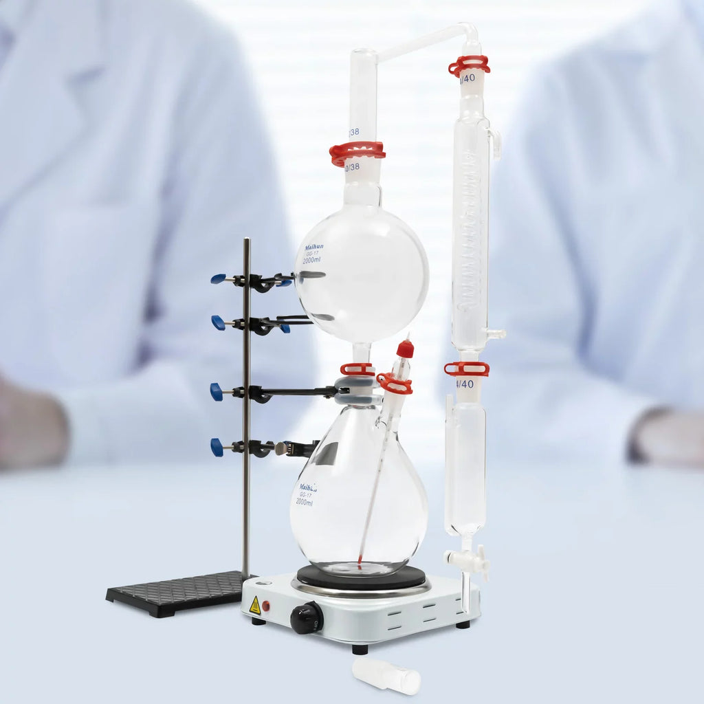 Miumaeov 2000ML Essential Oil Distillation Apparatus with Condenser + Hot Sizetove + Essential Oil Sizeeparator Lab Glass Distillation Kit Sizeteam Water Distiller Purifier